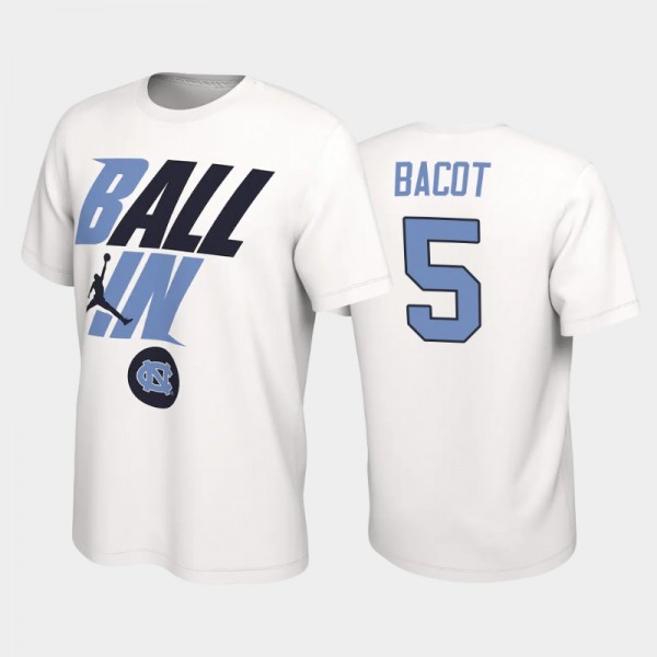 College Basketball UNC Tar Heels Armando Bacot #5 Ball In Bench White T-Shirt
