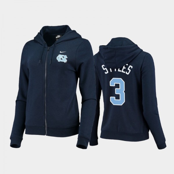 Women's UNC Tar Heels College Basketball #3 Dontrez Styles Full-Zip Varsity Fleece Navy Hoodie